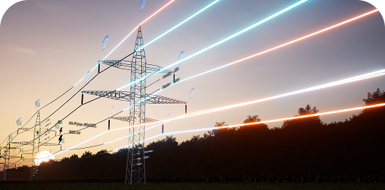 Torre de alta tensión al atardecer con líneas de energía brillantes que simulan flujos eléctricos de colores.