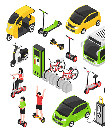 Ilustración de bicicletas, scooters, vehículos eléctricos y estaciones de carga como alternativas de movilidad sostenible.