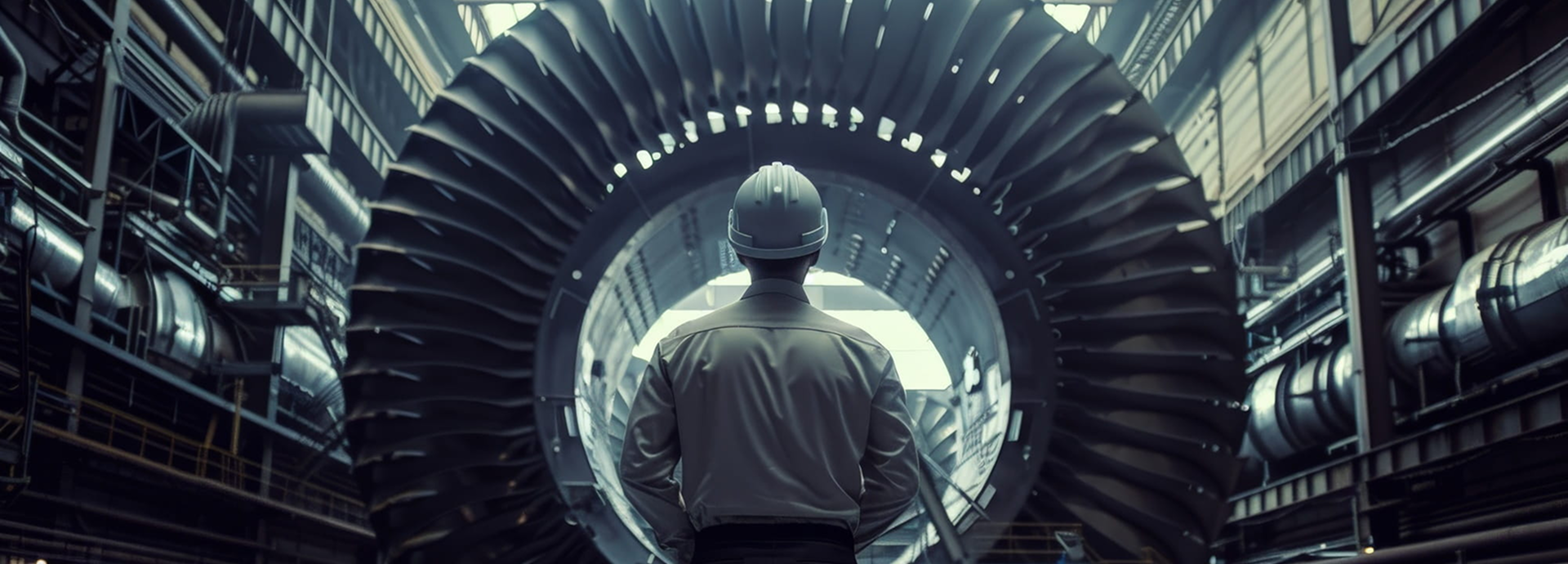Ingeniero visto de espaldas con casco protector,  observando la imponente turbina de una planta industrial