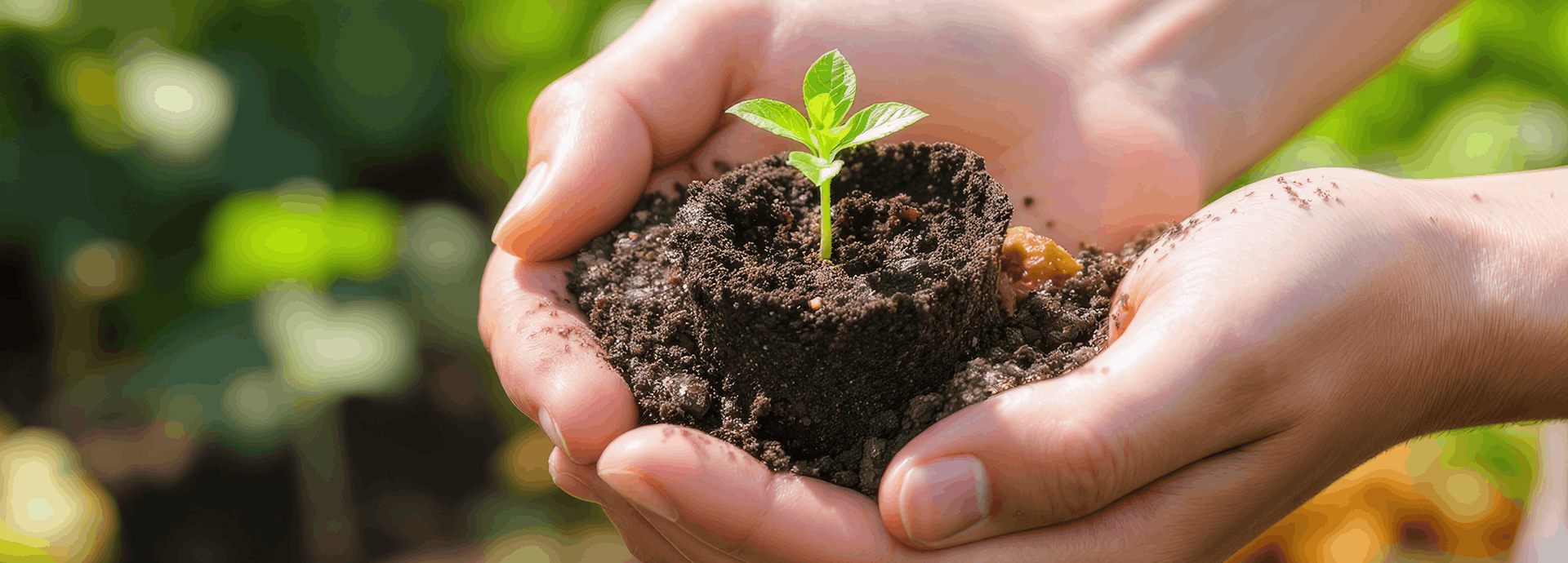 Mano sosteniendo planta con tierra en las manos